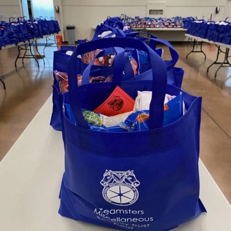 Blue bags on tables