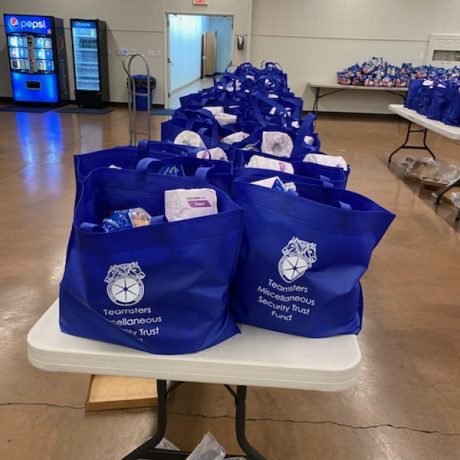 Blue bags on tables